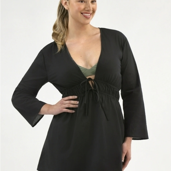 Black V-Neck Tunic with Tie Detail - Picture 1 of 9